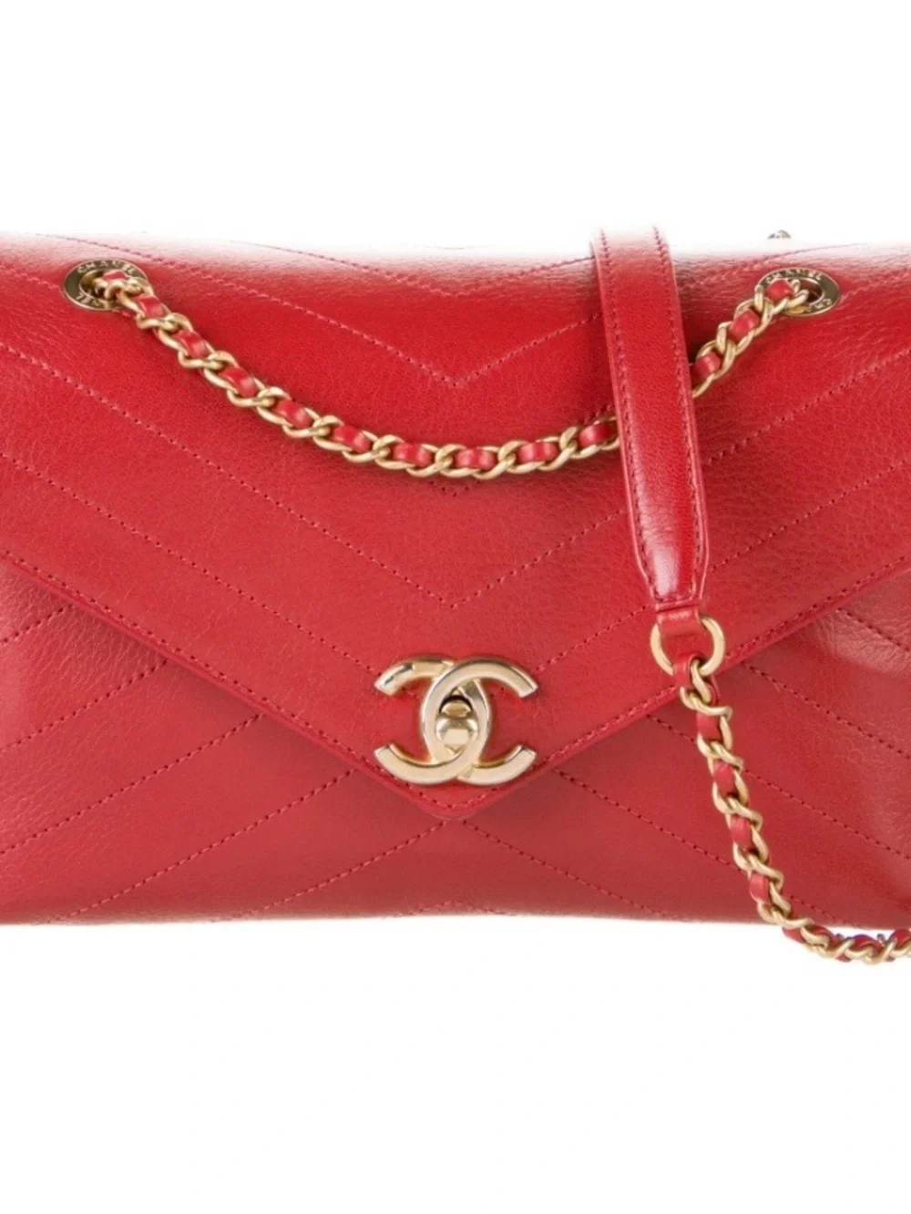 CHANEL Red Chevron Envelope Crossbody Bag with Gold Hardware